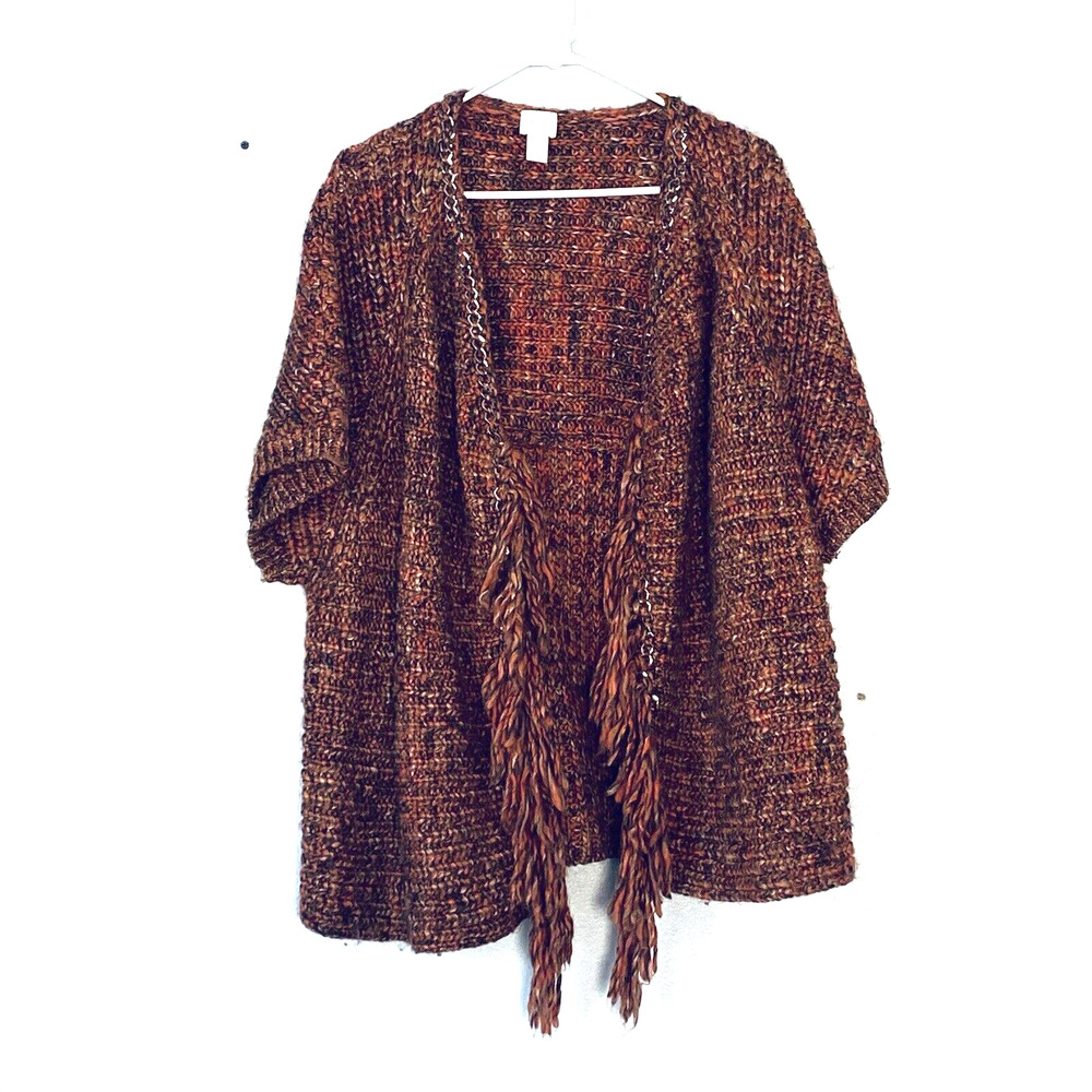 Chicos Cardigan Sweater Size 2 Large Orange Brown Fringe Open Metallic Trim